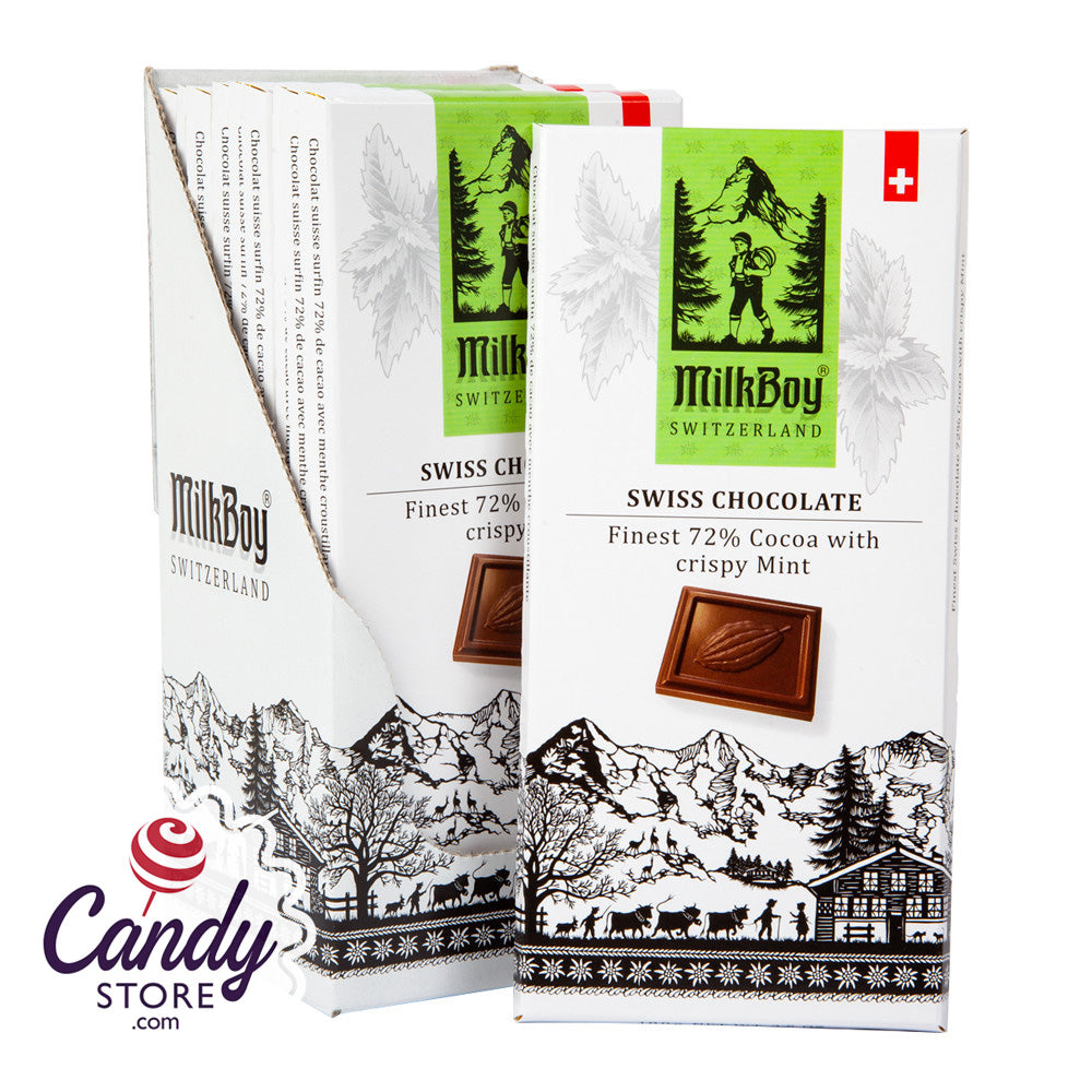 Milkboy 72% Swiss Dark Choc Bars 10ct, Crispy Mint 