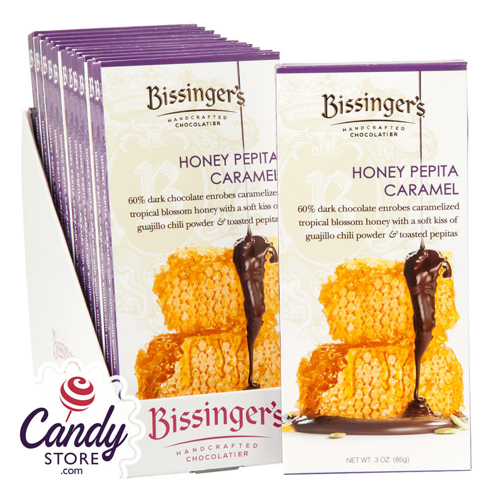 Bissinger's Dark Chocolate Honey Pepita Caramel 3oz Bar - 12ct CandyStore.com