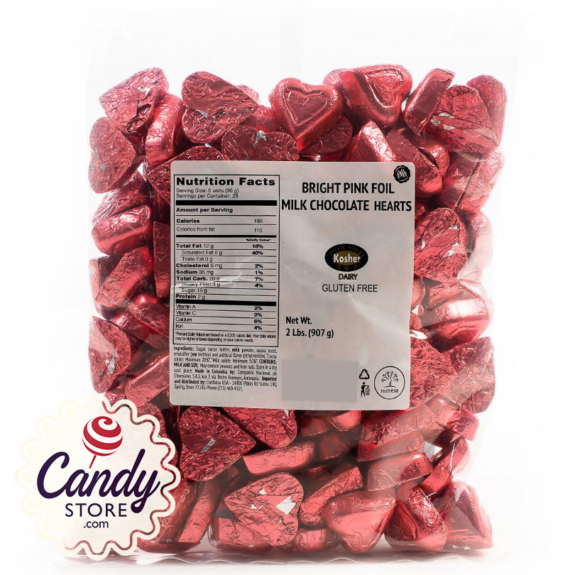 Bright Pink Foil Chocolate Hearts - 2lb Bulk CandyStore.com