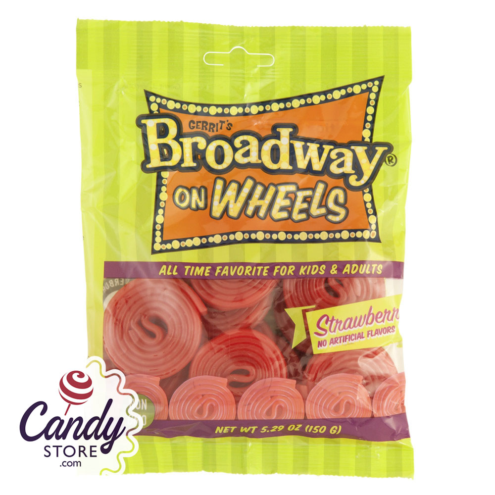 Gustaf's Broadway Wheels Strawberry 5.29oz Peg Bag - 12ct CandyStore.com