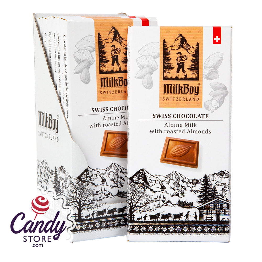 Milkboy Swiss Alpine Milk Chocolate With Roasted Almonds 3.5oz Bar - 10ct CandyStore.com